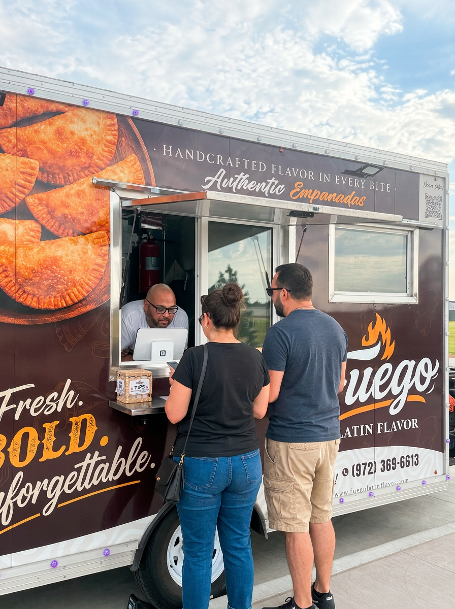 The Fuego Latin Flavor food trailer serving customers at a North DFW event