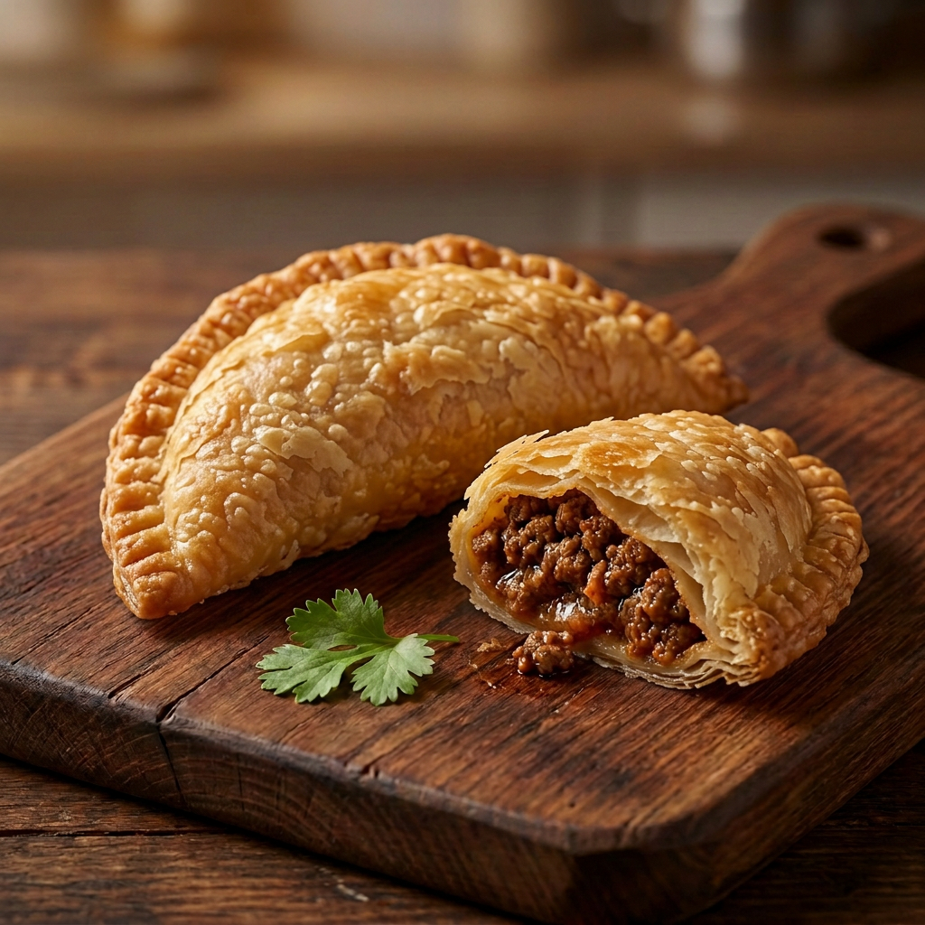 Cut-open Puerto Rican beef empanada showing seasoned filling