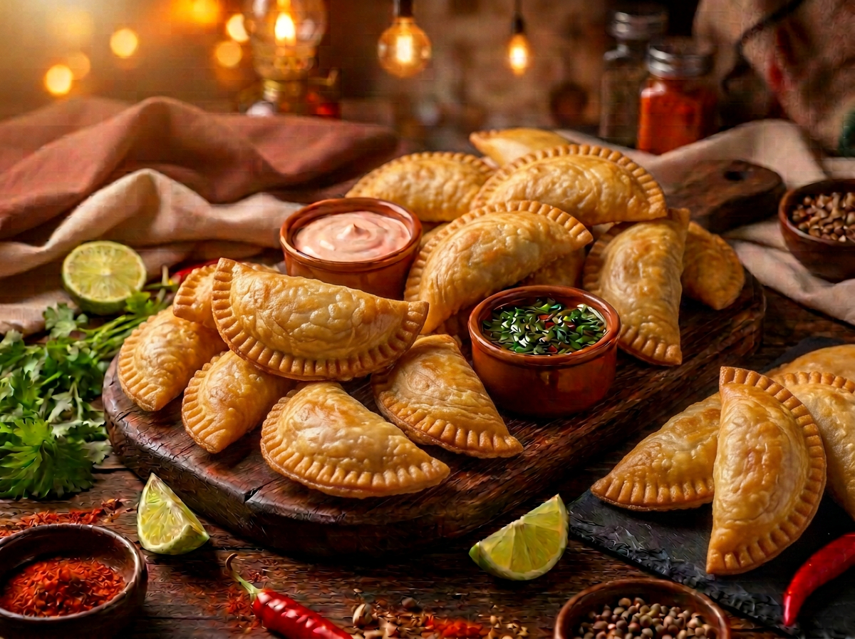 A spread of handcrafted empanadas with chimichurri and lime